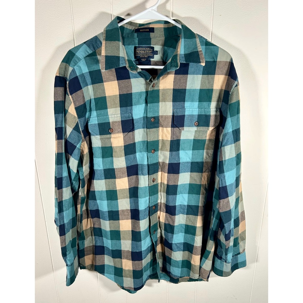 Pendleton Bridger Mens Large Teal Blue Plaid Cotton Wool Flannel Button Up Shirt